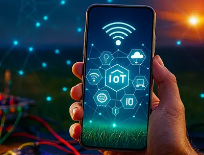 AI-created illustration of a phone connecting to IoT devices