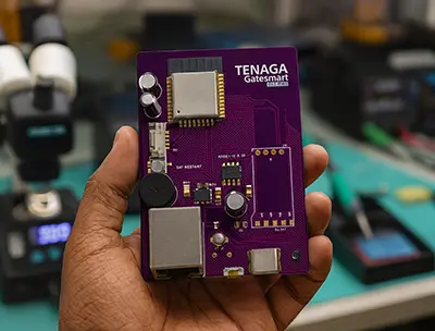 AI-created illustration of a handheld purple TENAGA IoT circuit board