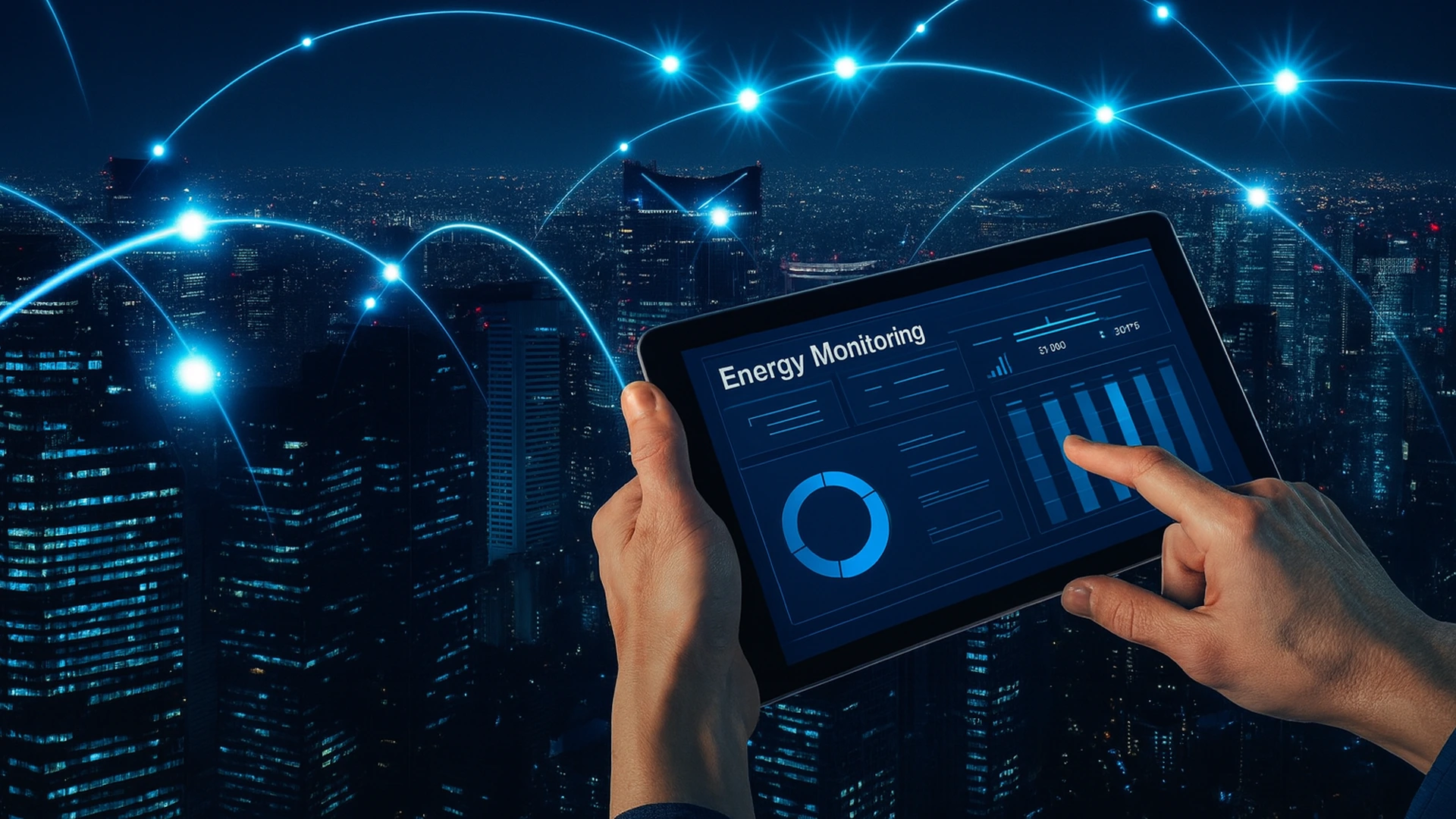 AI-created illustration of connected buildings and energy monitoring