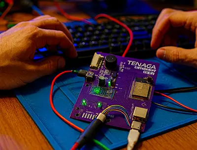AI-created illustration of a TENAGA circuit board being developed on a workbench